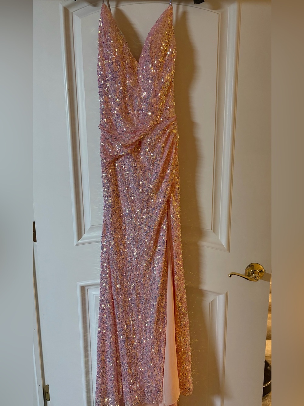 Jovani Sequined V-Neck rhinestone Spaghetti Strap Gown/Prom Dress- Pink - Picture 9 of 12